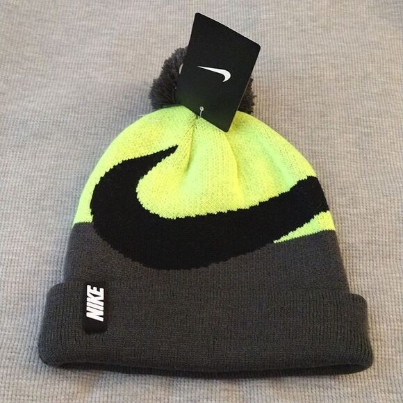 NIKE Big Kid's Volt Yellow Black Swoosh Pom Pom Knit Beanie NWT - Picture 2 of 15